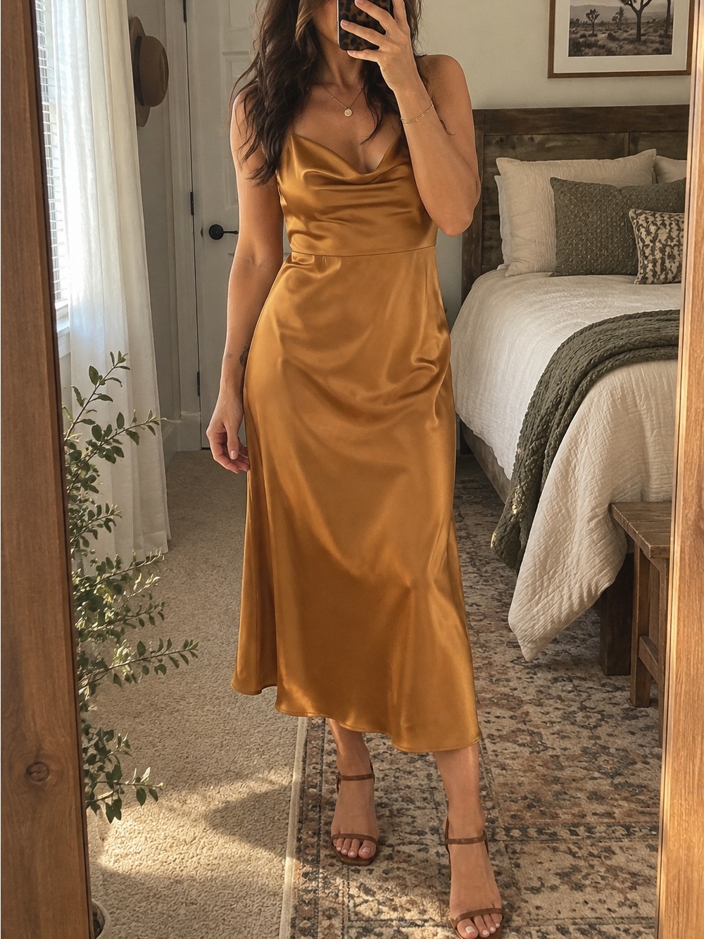 Jenny Yoo Marigold Gold Satin Cowl Neck Midi Dress Wedding Guest
